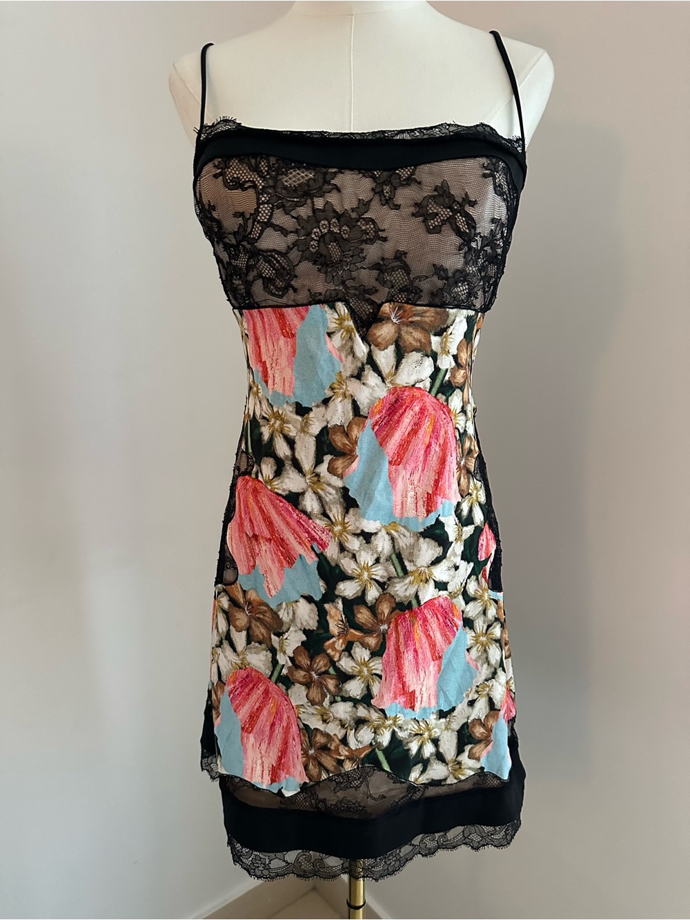 NEW La Perla Floral Lace Slip Dress with Pink & Blue Accents